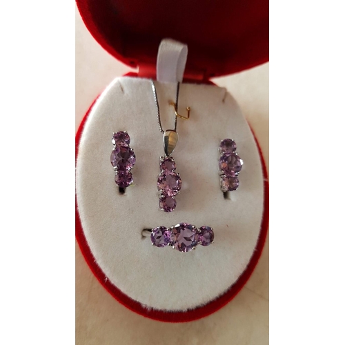 81 - .925 Sterling Silver Amethyst Stoned, Ring, Earrings and Necklace Set