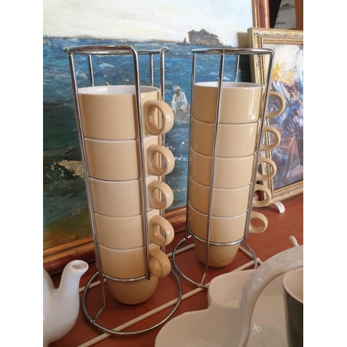 235 - Assorted Crockery Pizza Baker, Ramekins, Mugs, Tea Pots, Candle Holders & Radiator Rails