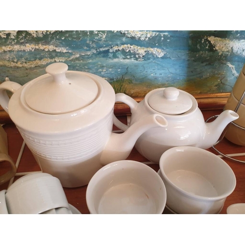 235 - Assorted Crockery Pizza Baker, Ramekins, Mugs, Tea Pots, Candle Holders & Radiator Rails