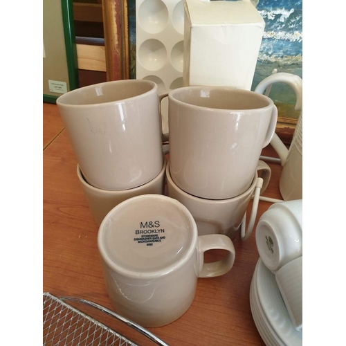 235 - Assorted Crockery Pizza Baker, Ramekins, Mugs, Tea Pots, Candle Holders & Radiator Rails