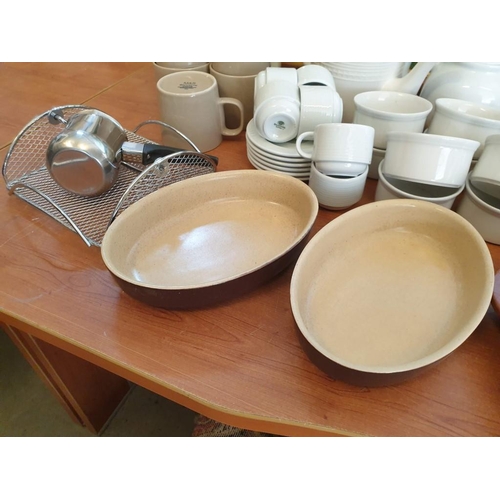 235 - Assorted Crockery Pizza Baker, Ramekins, Mugs, Tea Pots, Candle Holders & Radiator Rails