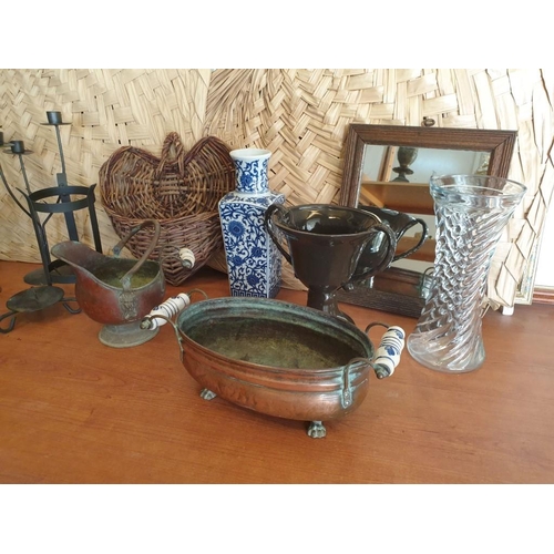 243 - Assorted Vases, Candle Holders, Copper Pots, Dried Flowers, Old Wooden Mirror & 2 x Decorative Wall ... 