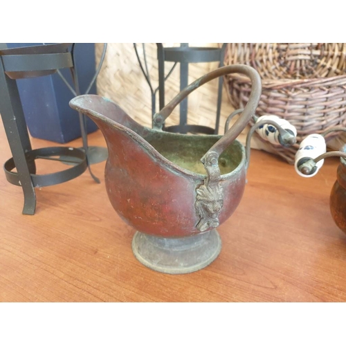 243 - Assorted Vases, Candle Holders, Copper Pots, Dried Flowers, Old Wooden Mirror & 2 x Decorative Wall ... 