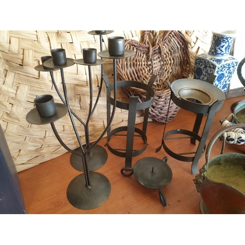 243 - Assorted Vases, Candle Holders, Copper Pots, Dried Flowers, Old Wooden Mirror & 2 x Decorative Wall ... 