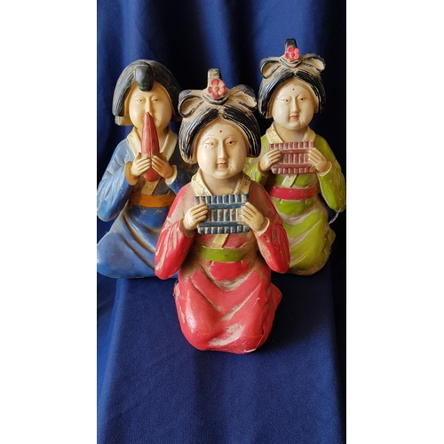 260 - Collection of 5 x Vintage Resin Figurines of Geisha, 2 x Standing (H:37cm each) and 3 x Seated Playi... 