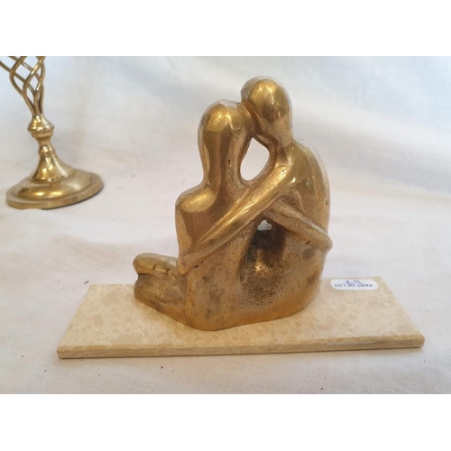 317 - Pair of Brass Candle Sticks (H:25.5cm) Together with Brass Lovers Statues on Marble Effect Base (L;1... 