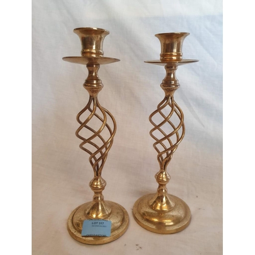 317 - Pair of Brass Candle Sticks (H:25.5cm) Together with Brass Lovers Statues on Marble Effect Base (L;1... 