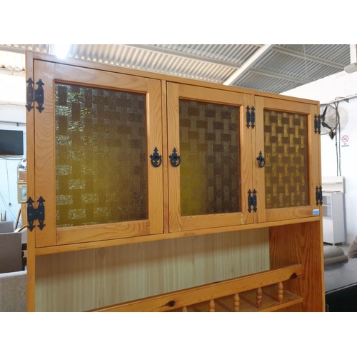 329 - Pine Effect Dresser with 3 - Amber Colour Glass Doors Over Shelf, 3 - Drawers and  3 - Cupboards (11... 