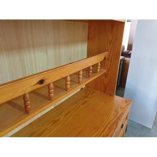 329 - Pine Effect Dresser with 3 - Amber Colour Glass Doors Over Shelf, 3 - Drawers and  3 - Cupboards (11... 