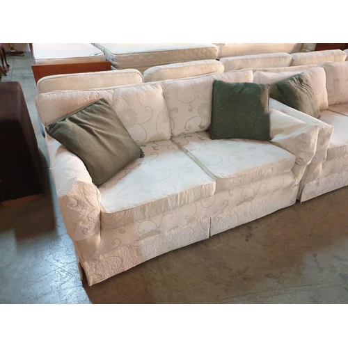 330 - 3 - Seater and 2 - Seater Cream Patterned Fabric Sofa with Green Scatter Cushions (2)