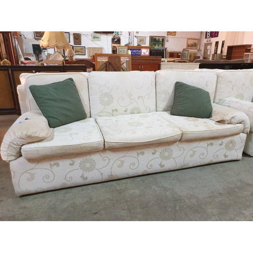 331 - 3 - Seater and 2 - Seater Cream Patterned Fabric Sofa with Green Scatter Cushions (2)