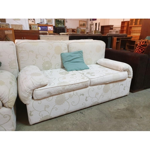 331 - 3 - Seater and 2 - Seater Cream Patterned Fabric Sofa with Green Scatter Cushions (2)