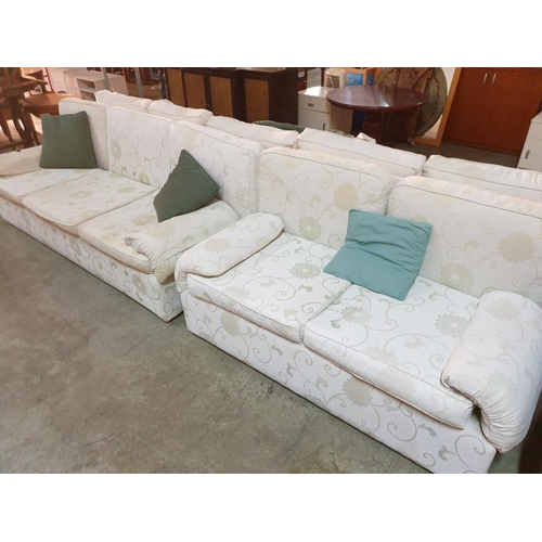 331 - 3 - Seater and 2 - Seater Cream Patterned Fabric Sofa with Green Scatter Cushions (2)