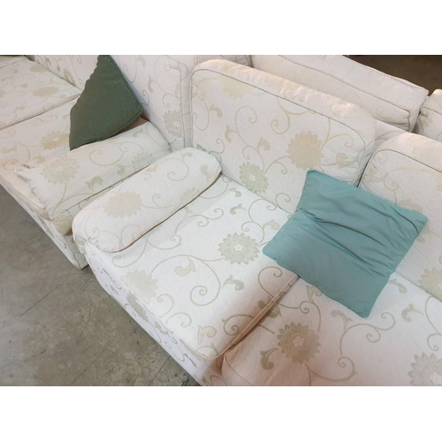 331 - 3 - Seater and 2 - Seater Cream Patterned Fabric Sofa with Green Scatter Cushions (2)