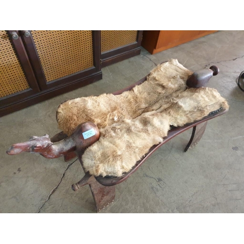 344 - Solid Wood Carved Camel Stool with Leather & Skin Seat Cushion (85cm x 29cm x 39cm)