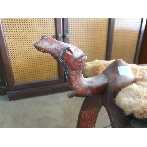 344 - Solid Wood Carved Camel Stool with Leather & Skin Seat Cushion (85cm x 29cm x 39cm)