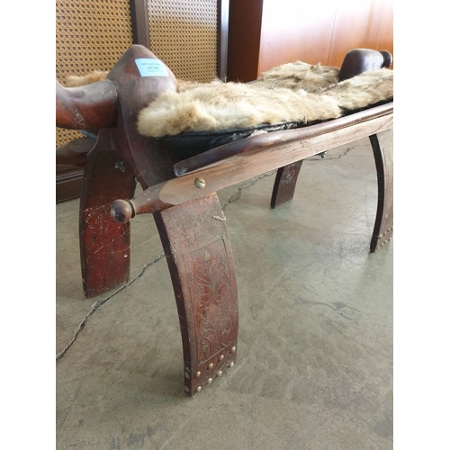 344 - Solid Wood Carved Camel Stool with Leather & Skin Seat Cushion (85cm x 29cm x 39cm)