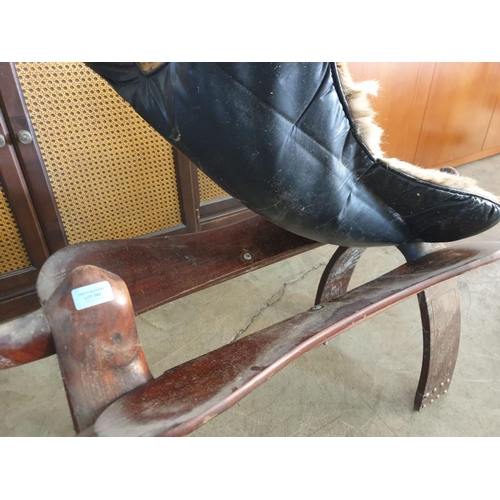 344 - Solid Wood Carved Camel Stool with Leather & Skin Seat Cushion (85cm x 29cm x 39cm)