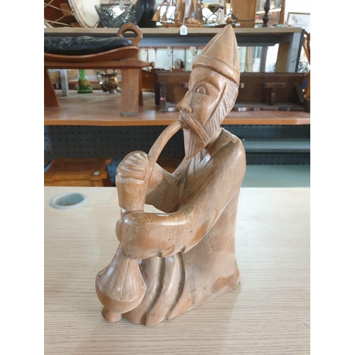 348 - Carved Wood Figure of Man Smoking Pipe (29cm) Carved Wooden African Mask / Wall Hanging with 2 x Fac... 