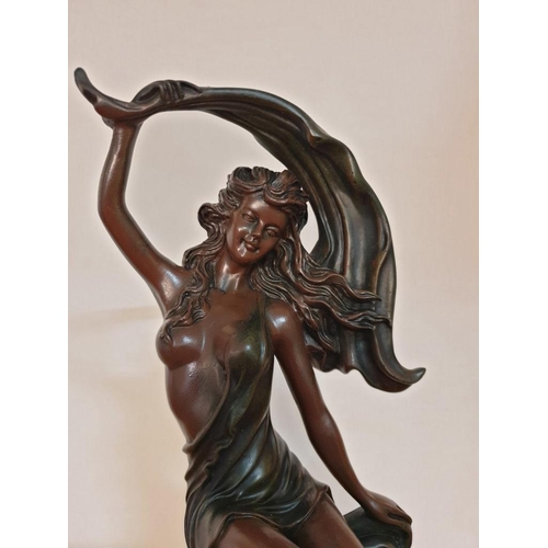 270 - Decorative Bronze Effect Statue of Goddess on Waves (Resin?) on Wood Base Titles 