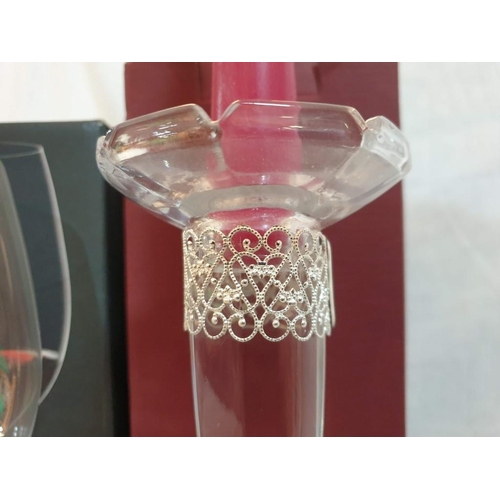 299 - Czech Lead Crystal Candlestick with Decorative Silver Colour Coller (H:22cm) Together with Boxed Pai... 