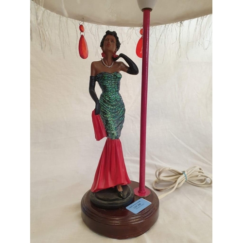 295 - Art Deco Style Table Lamp with Wooden Base, Female Figure Pink Up Stand and Cream Shade (H:54cm)