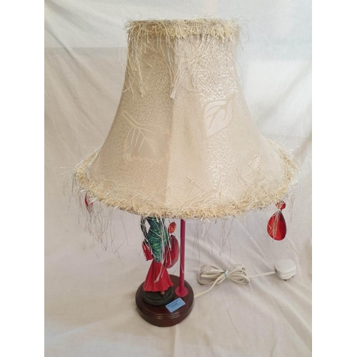 295 - Art Deco Style Table Lamp with Wooden Base, Female Figure Pink Up Stand and Cream Shade (H:54cm)