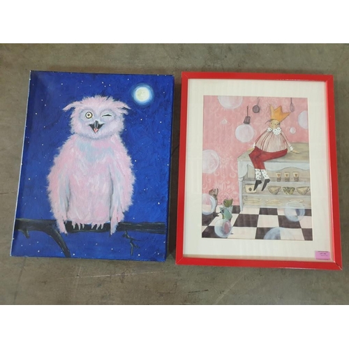 182 - Oil on Canvas of Own, Together with Abstract Print in Red Frame (Approx. 42cm x 52cm) (2)