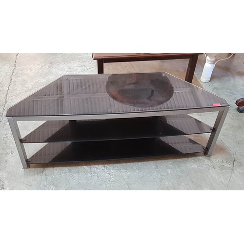 695 - Chrome and Black Glass TV Unit in Shape of a Trapezoid with Shelfs