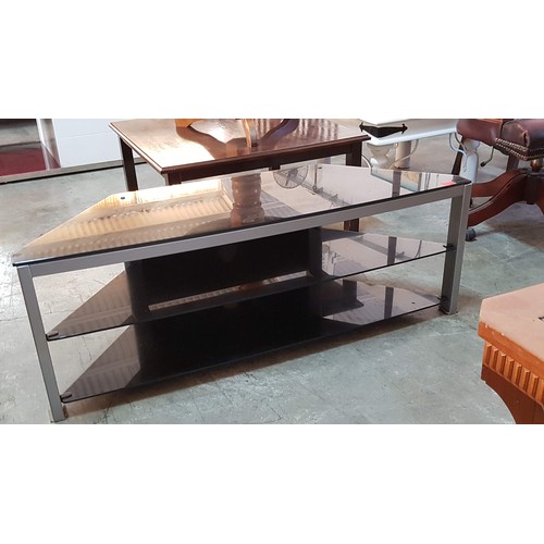 695 - Chrome and Black Glass TV Unit in Shape of a Trapezoid with Shelfs