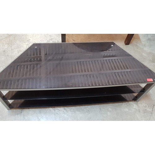 695 - Chrome and Black Glass TV Unit in Shape of a Trapezoid with Shelfs