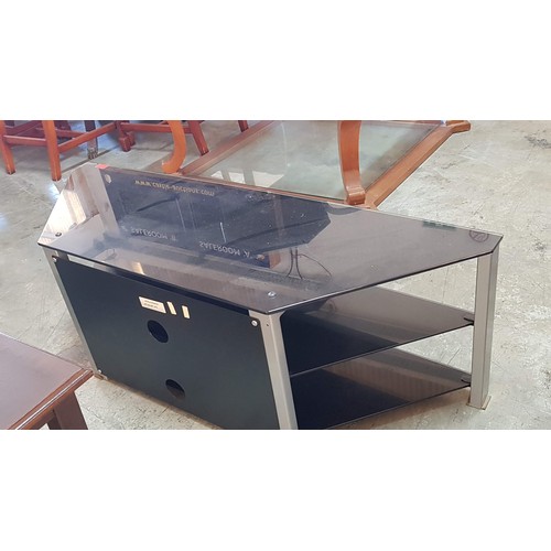 695 - Chrome and Black Glass TV Unit in Shape of a Trapezoid with Shelfs