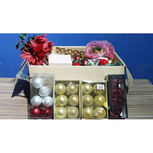 111 - Large Box of Christmas Decorative inc Christmas Balls, Christmas Flowers, Figurines etc