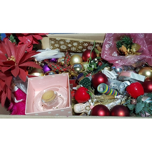 111 - Large Box of Christmas Decorative inc Christmas Balls, Christmas Flowers, Figurines etc