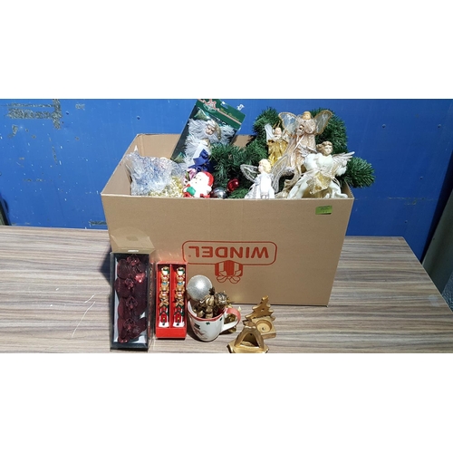 113 - Large Box of Christmas Decorative inc; Christmas Balls, Christmas Flowers, Figurines etc