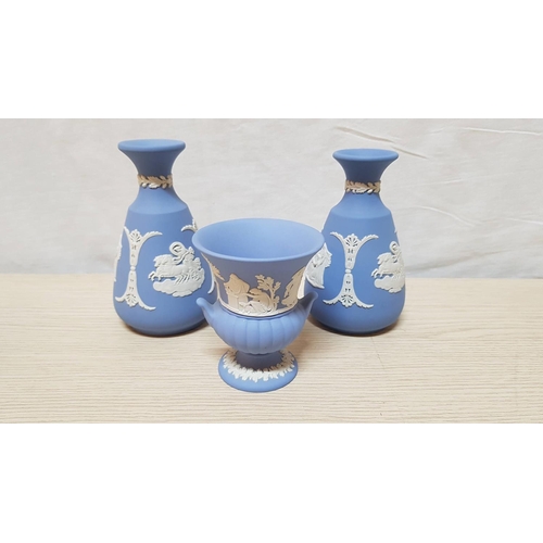 36 - Collection of Wedgewood Blue Jasperware, 12 x Pcs inc; Vases, Plates. Cup. Lidded Trinket Pots