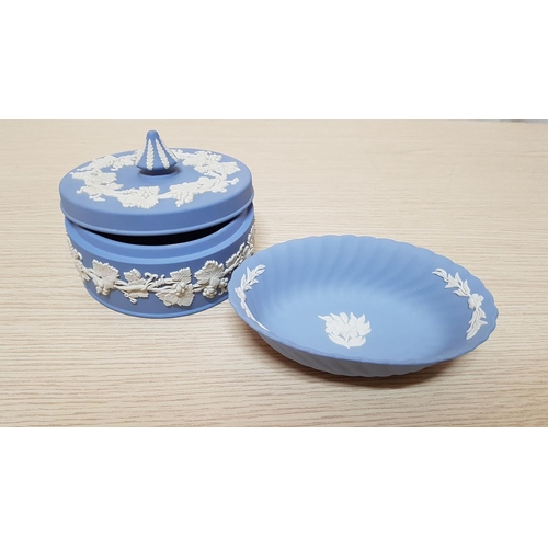 36 - Collection of Wedgewood Blue Jasperware, 12 x Pcs inc; Vases, Plates. Cup. Lidded Trinket Pots