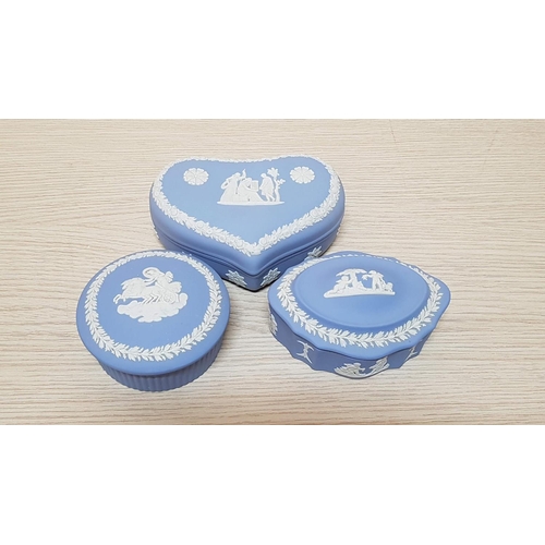 36 - Collection of Wedgewood Blue Jasperware, 12 x Pcs inc; Vases, Plates. Cup. Lidded Trinket Pots