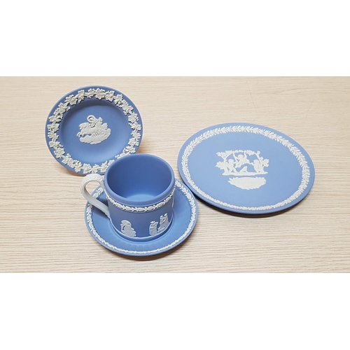 36 - Collection of Wedgewood Blue Jasperware, 12 x Pcs inc; Vases, Plates. Cup. Lidded Trinket Pots