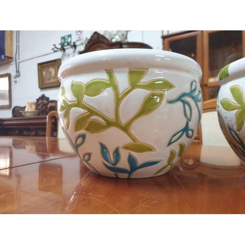 152 - Pair of Ceramic Planters, Cream Colour with Green and Turquoise Leaves (Approx H:18cm, Ø27cm,) (2)