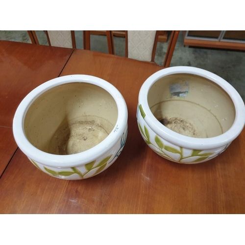 152 - Pair of Ceramic Planters, Cream Colour with Green and Turquoise Leaves (Approx H:18cm, Ø27cm,) (2)