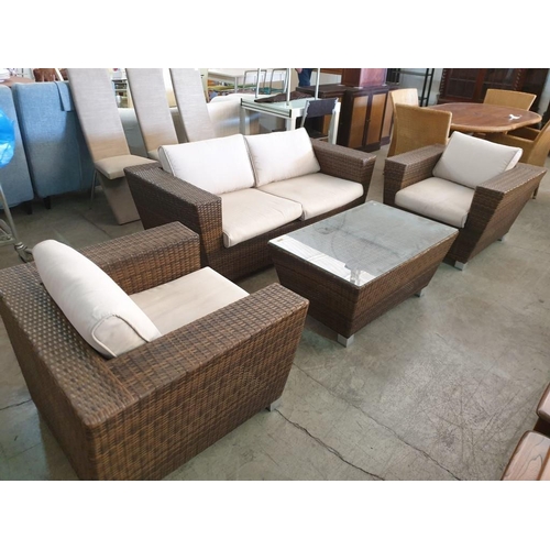 67 - Rattan Garden / Patio Set; 2 - Seat Sofa, 2 x Armchairs with Fitted Cushions and Glass top Coffee Ta... 