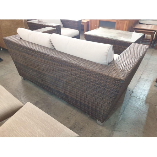67 - Rattan Garden / Patio Set; 2 - Seat Sofa, 2 x Armchairs with Fitted Cushions and Glass top Coffee Ta... 
