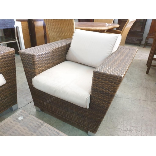 67 - Rattan Garden / Patio Set; 2 - Seat Sofa, 2 x Armchairs with Fitted Cushions and Glass top Coffee Ta... 