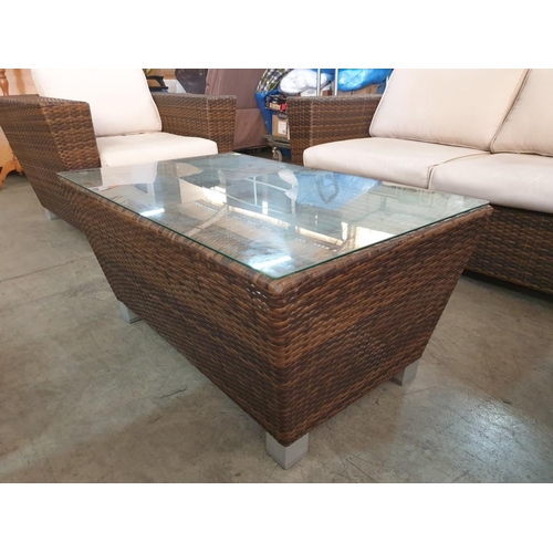 67 - Rattan Garden / Patio Set; 2 - Seat Sofa, 2 x Armchairs with Fitted Cushions and Glass top Coffee Ta... 