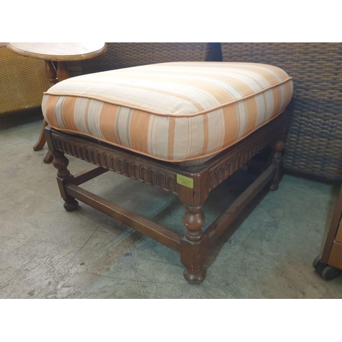72 - Wooden Footstool / Puffee with Carvings and Padded Fabric Seat