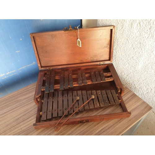 92 - Antique Xylophone in Wooden Case with Slide Out Lower Set (Approx 54 x 26 x 8cm)