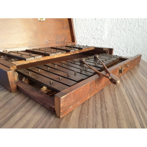 92 - Antique Xylophone in Wooden Case with Slide Out Lower Set (Approx 54 x 26 x 8cm)