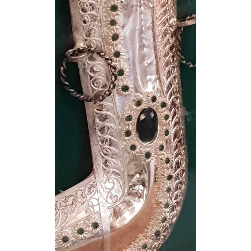 102 - Decorative White Metal Ornament with Green Stones in Shape of Jambiya Dagger Set in Attractive Box F... 