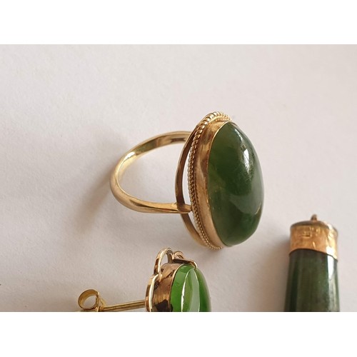 100 - 9ct Gold and Green Jade (?) Set of Jewellery inc; Ring with Oval Stones, Size K/L Weight 5.2gr, Drop... 